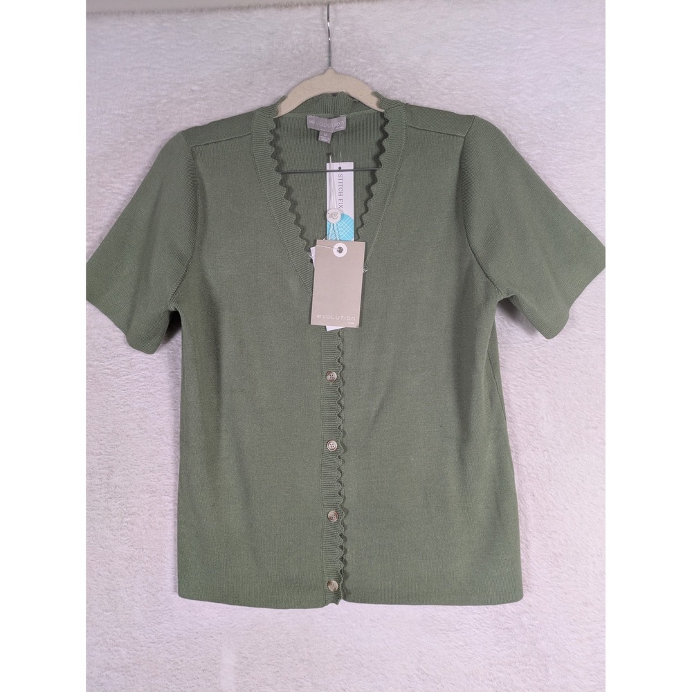 NEW Evolution by Cyrus Cardigan Women's M Loden Green Scalloped Short Sleeve